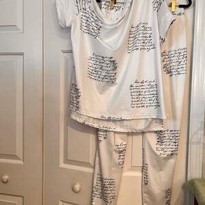 White and Black Script Print Pant Set